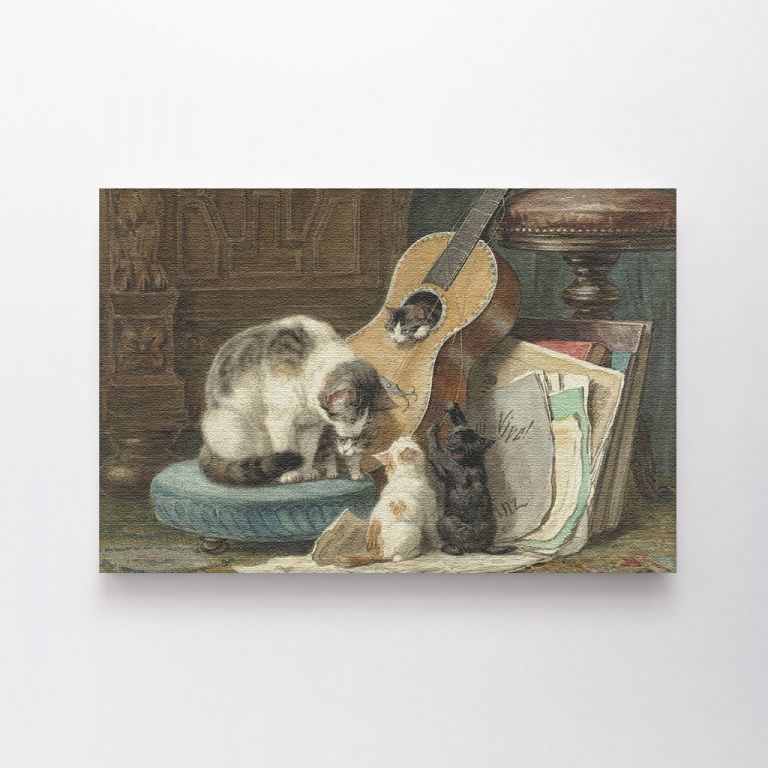 clean-landscape__canvas-02506-a-mother-cat-sits-on-a-footstool-near-her-four-kittens-who-with-its-broken-strings