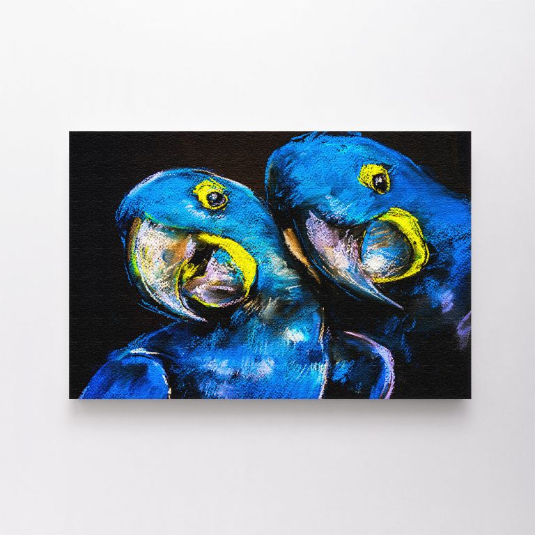 clean-landscape__canvas-03590-pastel-painting-blue-parrots-on-cardboard