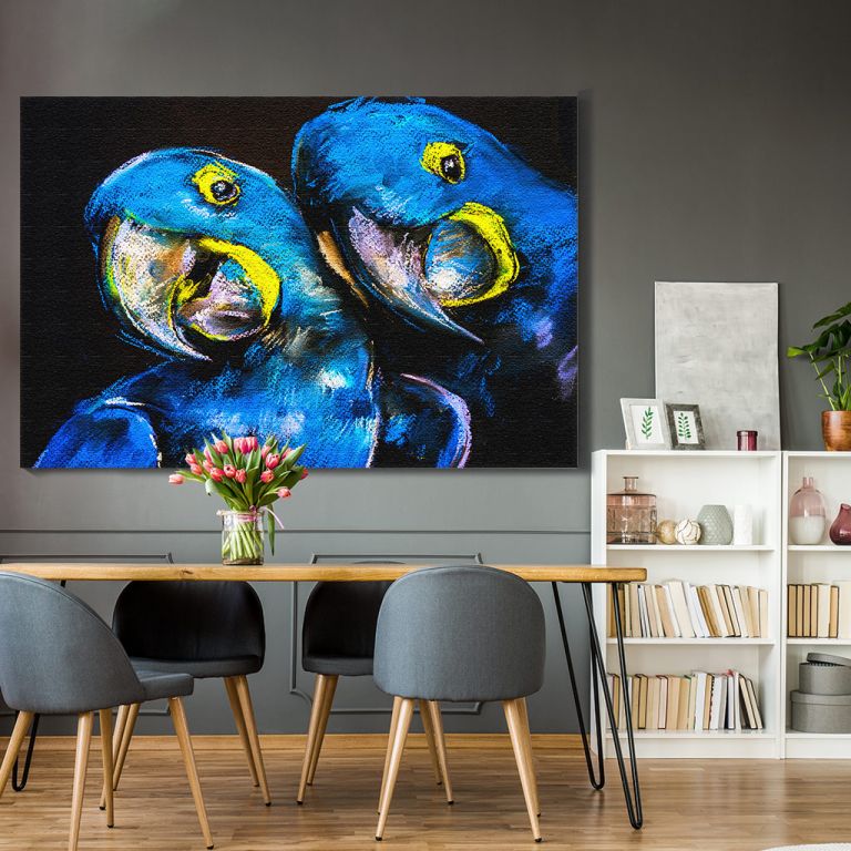 pinakas-se-kamva-orizontios-kouzina-c-03590-pastel-painting-blue-parrots-on-cardboard