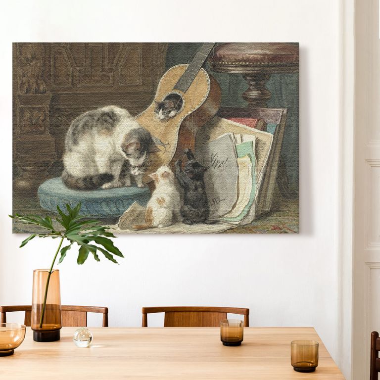 pinakas-se-kamva-orizontios-kouzina-d-02506-a-mother-cat-sits-on-a-footstool-near-her-four-kittens-who-with-its-broken-strings