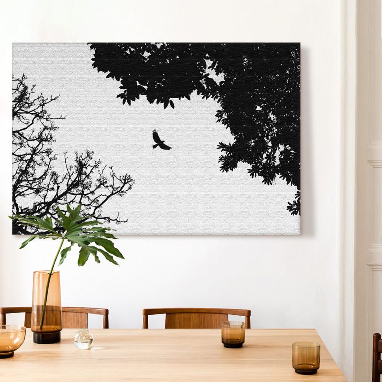 pinakas-se-kamva-orizontios-kouzina-d-03602-silhouette-bird-flying-between-two-trees