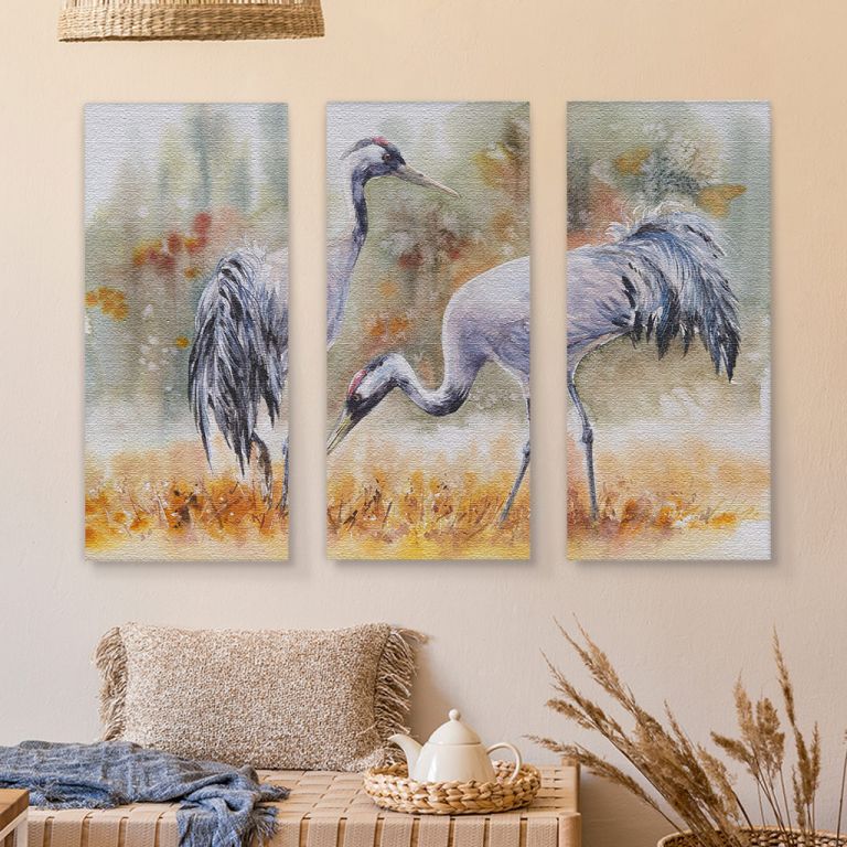 pinakas-se-kamva-orizontios-kouzina-j-01148-pair-of-a-crane-birds-on-a-meadow