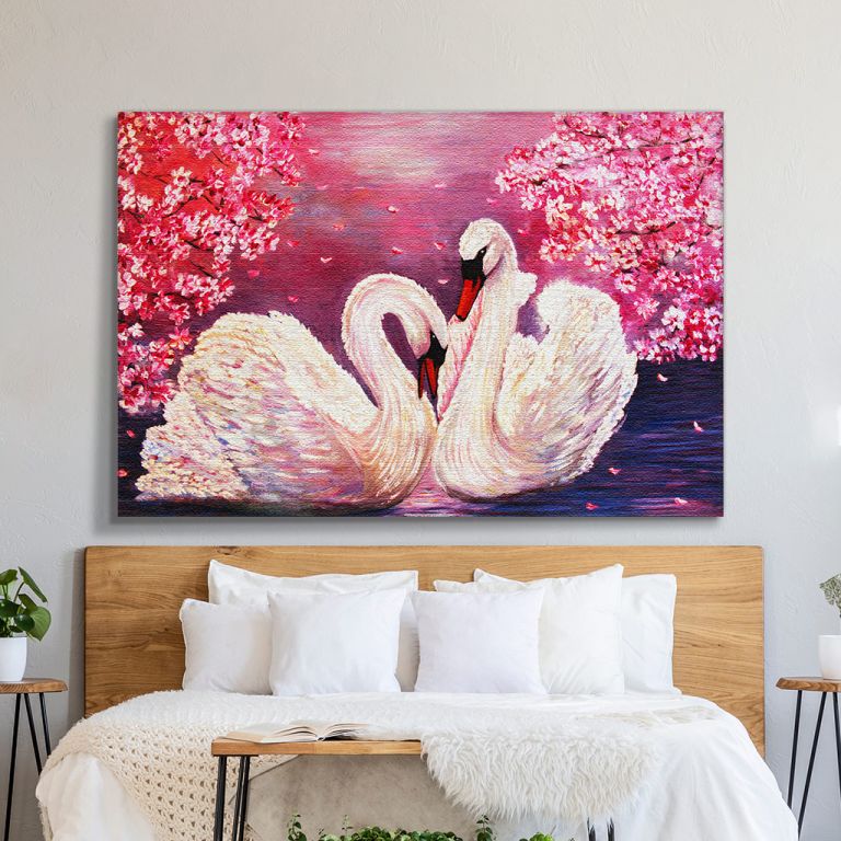 pinakas-se-kamva-orizontios-krevatokamara-j-03581-oil-painting-swan-pink-flowers