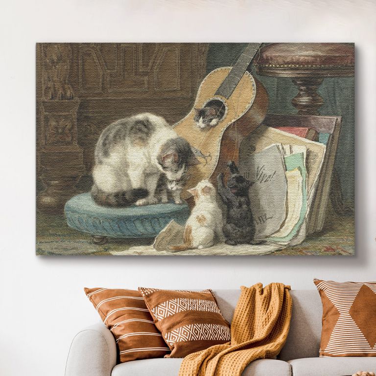 pinakas-se-kamva-orizontios-saloni-d-02506-a-mother-cat-sits-on-a-footstool-near-her-four-kittens-who-with-its-broken-strings