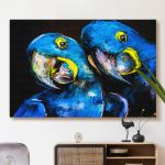 pinakas-se-kamva-orizontios-saloni-e-03590-pastel-painting-blue-parrots-on-cardboard