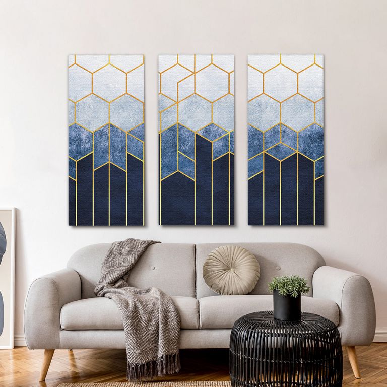 pinakas-se-kamva-orizontios-saloni-b-06516-geometric-abstraction-hexagons-on-blue-relief